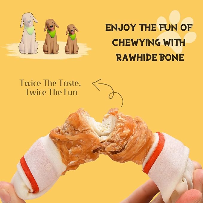 ASMPET Dog Chews Long Lasting, 6.5" Knotted Dog Bones Human Grade Natural Chicken Wrapped Rawhide Bones Teeth Cleaning for Small Medium Large Breeds (Packs of 4)