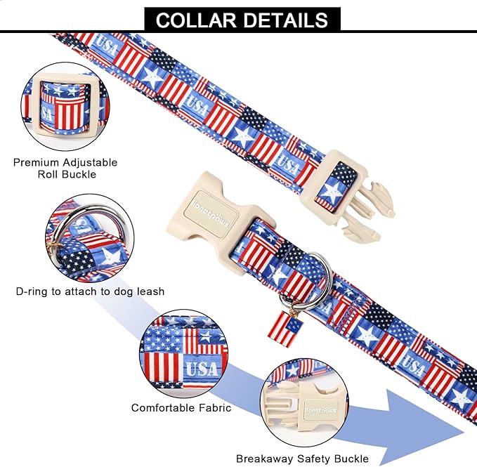 Lionet Paws Summer Dog Collar- Cute 4th of July Dog Collars with America Flag Pattern and Plastic Buckle, Light Adjustable Dog Collars for Small Medium Dogs