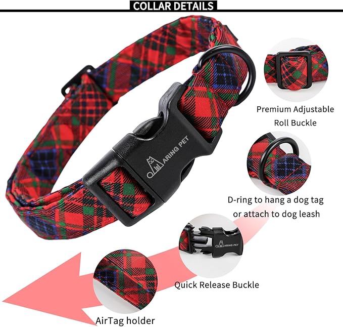 ARING PET Christmas Dog Collar-Cotton Lightweight Dog Collars, Adjustable Christmas Plaid Pet Collars Puppy Collar with Quick Release Buckle