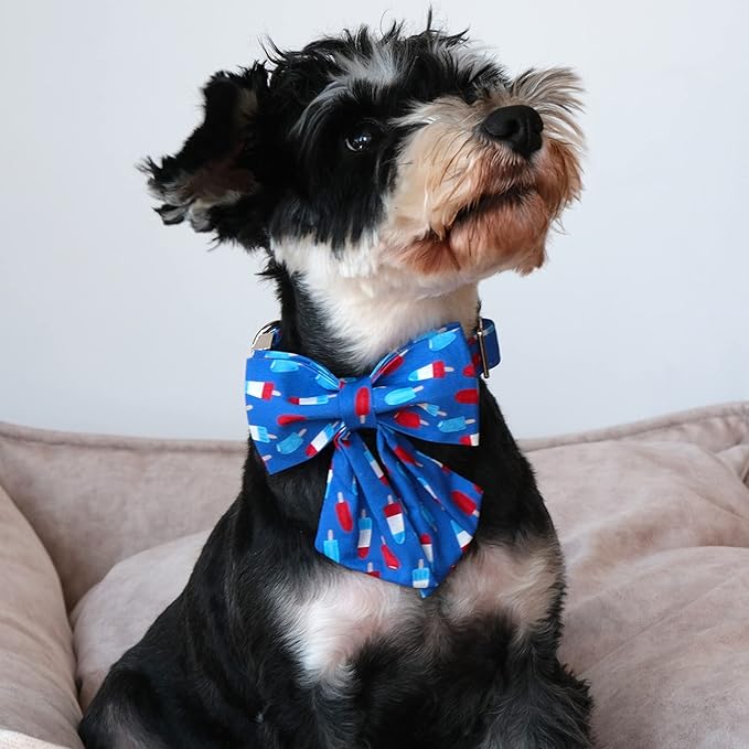 Lionet Paws Patriotic Dog Collar with Sailor Bow, 4th of July, Soft and Comfortable Adjustable Summer Popsicle Collar for Small Dogs, Neck 10-16 inches