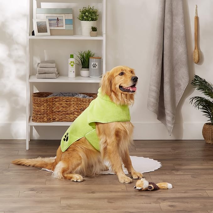 Bone Dry Pet Robe Collection, Embroidered Absorbent Microfiber Bath Robe with Adjustable Closure, for Dogs & Cats, Large, Lettuce Green