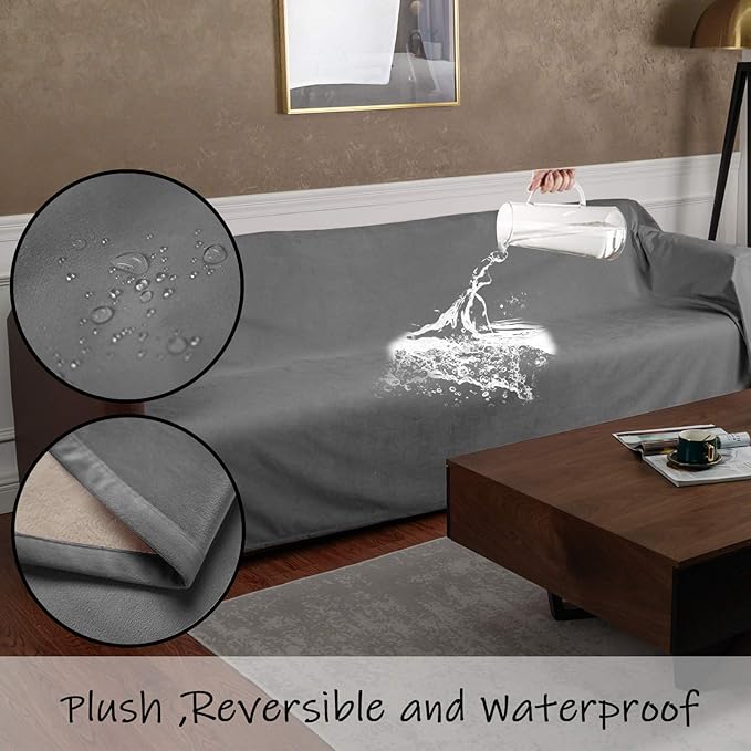 Ameritex Pet Bed Blanket Reversible 100% Waterproof Velvet Super Soft for Sofa and Bed (82x82 Inches, Light Grey+Beige)