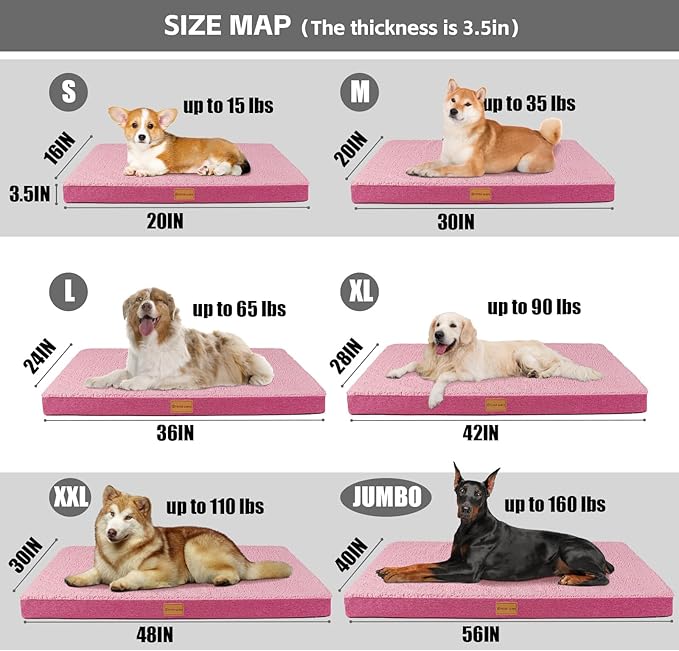 Patas Lague Orthopedic XL Dog Bed for Large Dogs 42''X28'', Soft Comfortable Waterproof Egg Crate Foam Big Large Pet Beds Mat with Removable Washable Cover, Pink