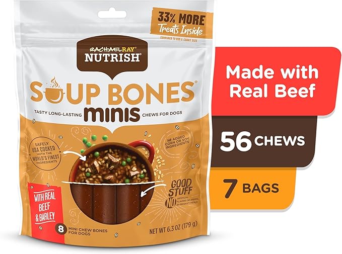 Nutrish Rachael Ray Soup Bones Minis Dog Chews with Real Chicken & Veggies, 8 Chews, 6.3 oz Pouch (Pack of 7)