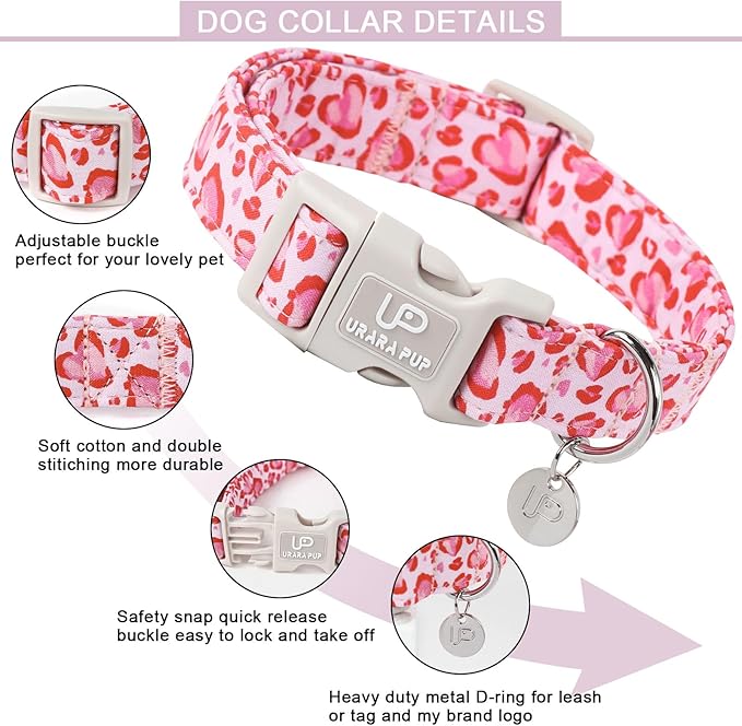 Pink Heart Dog Collar, Adjustable Size (15.35"-23.62"), Valentine's Gift for Puppy Dogs, Wedding Collar