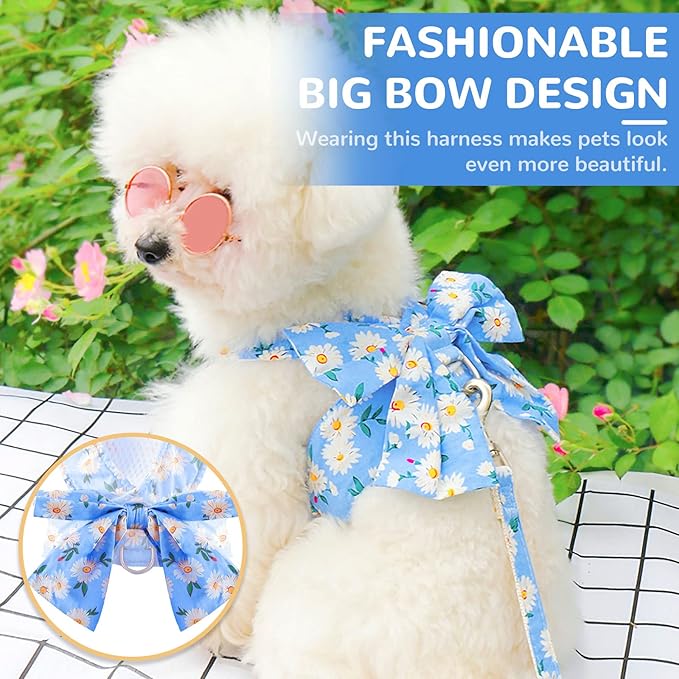 BAEJMJK Dog Harness and Leash Set with Bow Knot No Pull Pet Daisy Floral Harness with D-Ring Soft Mesh Dog Harness Vest Set Escape Proof Princess Puppy Harness for Small Girl Dogs Cats(Blue B L)