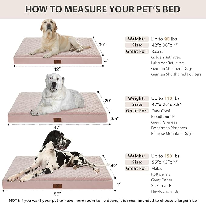 WNPETHOME Orthopedic Dog Beds Large Sized Dog, Giant Dog Bed with Removable Washable Cover & Anti-Slip Bottom, Egg Crate Foam Pet Bed Mat, Multi-Needle Quilting XXXL Dog Bed, Pink