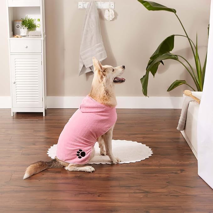 Bone Dry Pet Robe Collection Embroidered Absorbent Microfiber Bath Robe with Adjustable Closure, for Dogs & Cats, Large, Pink