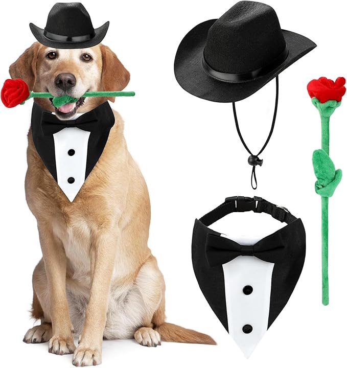 Valentine's Day Dog Costume Dog Cowboy Hat Formal Dog Tuxedo Bandanas and Rose Gift, Medium Large Dog Valentines Day Outfit with Pet Cowboy Hat and Adjustable Dog Wedding Tuxedo
