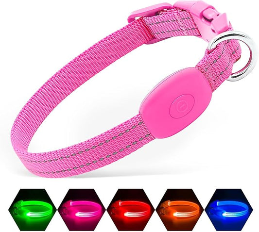 Illumifun LED Dog Collar USB Rechargeable Light Up Dog Collar, Adjustable Safety Collar Light for Small Dogs Cats Glow in The Dark (Pink, X-Small)