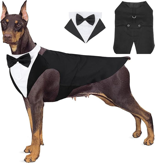 Segarty Dog Tuxedo and Bandanas Suit Formal Wedding Costume, Adjustable Pet Collar with Black Bow Tie, Detachable Dogs Shirt Bandanas Set for Extra Large Dog Prince Outfit Birthday Cosplay Attire