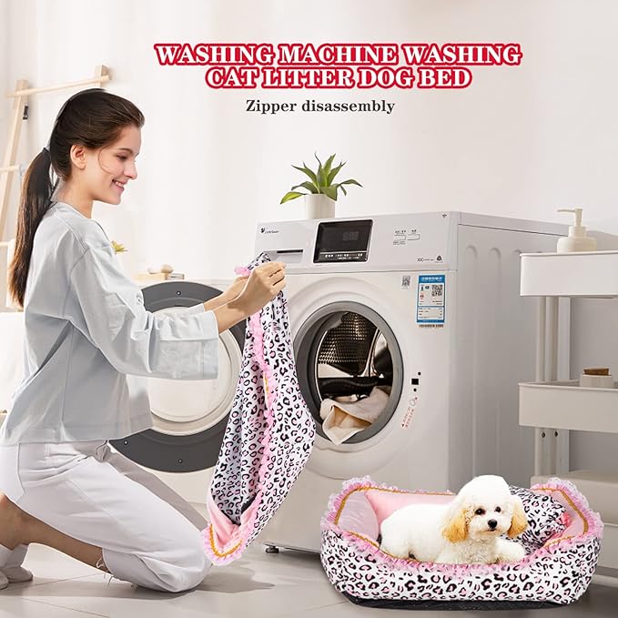 Gigreinc Dog Bed for Small Dogs - Cute Pink Leopard Dog Bed,Cat Beds for Indoor Cats Washable - Square Shape Cat Dog Sofa Bed Pet House Nest Cave(M, 20.8" L x 18" W x 5.5"