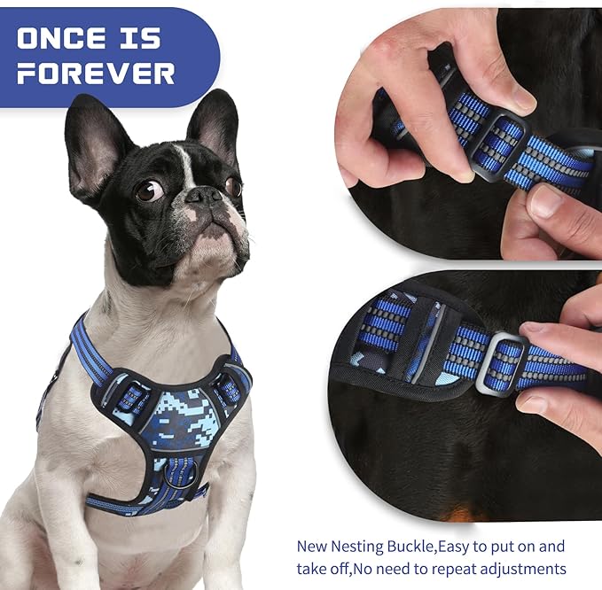 BUMBIN Dog Harness for Large Dogs, No Pull Adjustable No Choke Pet Vest with Dog Leash Fit Smart Reflective Pet Walking Harness for Training Easy Control Soft Handle Blue Camo XL