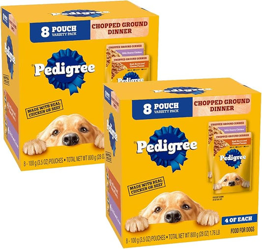 PEDIGREE CHOPPED GROUND DINNER Adult Soft Wet Dog Food 8-Count Variety Pack, 3.5 oz Pouches (Pack of 2)