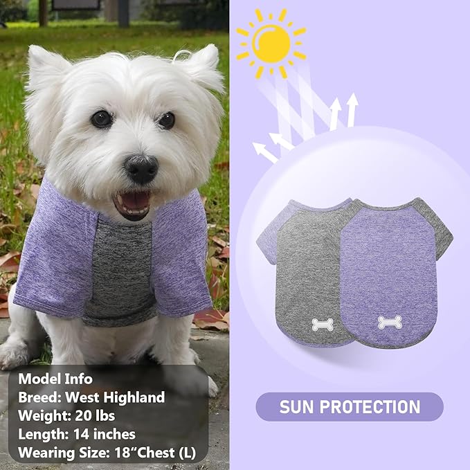 KYEESE 2 Pack Dog Shirts Quick Dry Breathable Raglan Sleeve Soft Stretchy Dog T-Shirts with Reflective Label Pet Clothes for Small Dogs Sun Protection, Purple+Grey, L