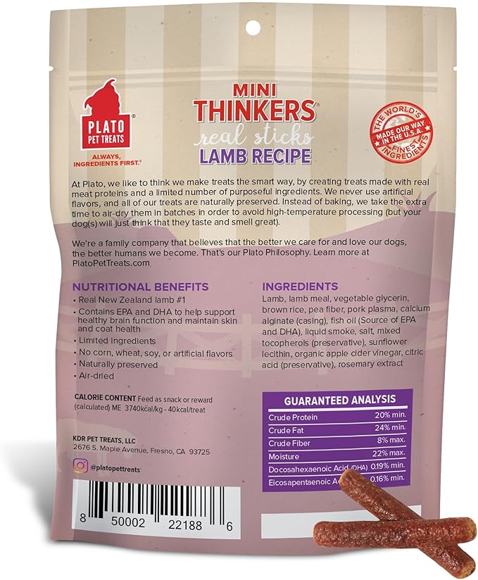 Plato Pet Treats Thinkers - Meat Stick Treats for Dogs - Limited Ingredient Dog Treats with EPA and DHA to Support Skin, Coat, and Brain - Air-Dried Dog Treats - Mini Thinkers Lamb 6oz