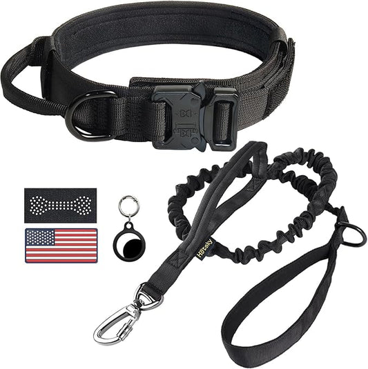 Hotsky Tactical Dog Collar and Leash Set, Heavy Duty Military Airtag Dog Collar with Handle and Metal Buckle for Training and Walking, with Airtag Holder and Two Patches (Black, L)
