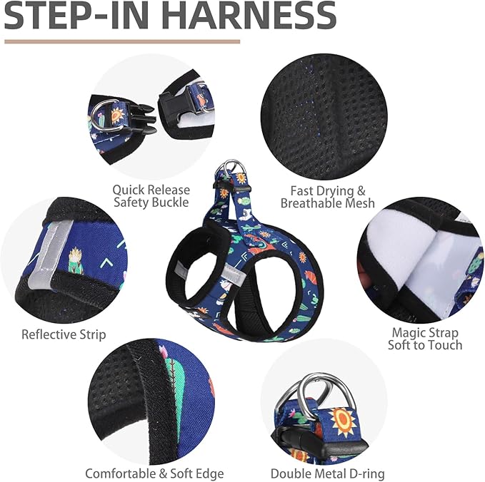 PUPTECK Adjustable Dog Harness Collar and Leash Set, Step in No Pull Pet Harness for Small Medium Dogs Puppy Cats Outdoor Walking, Soft Mesh Padded Reflective Vest Harnesses, Navy Blue Alpaca, S