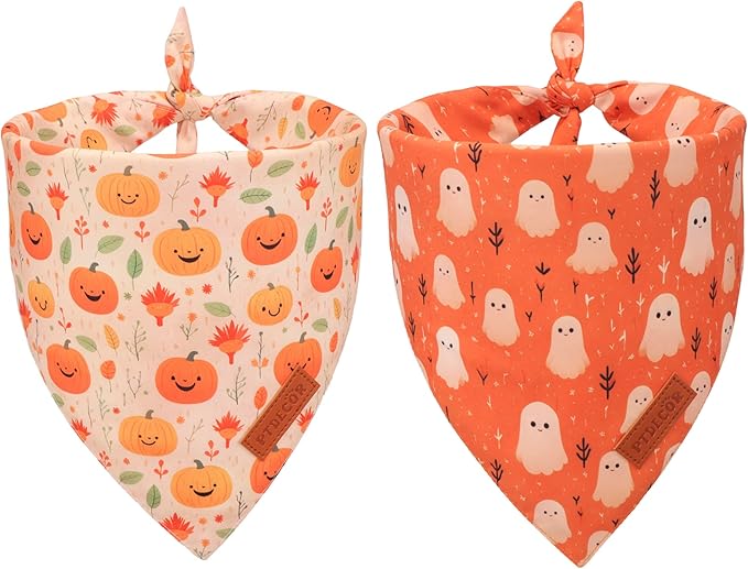 PTDECOR Halloween Dog Bandana, Ghost Pumpkin Design Reversible Holiday Dog Scarf, Triangle Halloween Bandanas for Large X-Large Dogs (X-Large)