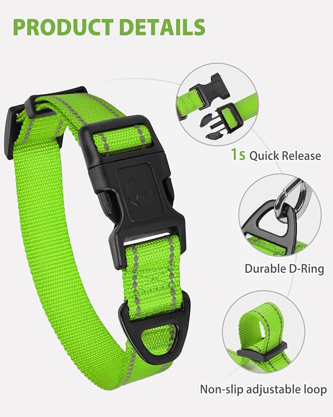 Joytale Small Dog Collar, Reflective and Adjustable Nylon Collar with Quick-Release Buckle, Lightweight No-Choke Design for Small Dogs, Green, 3/4" Width