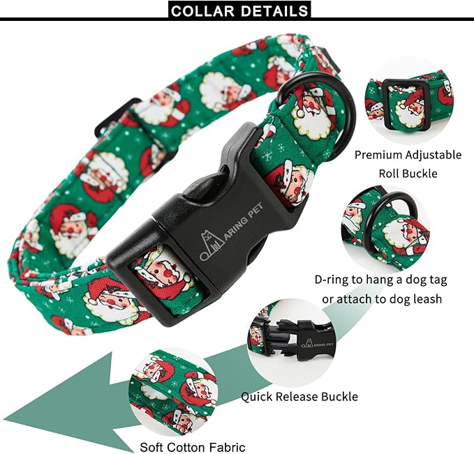 ARING PET Christmas Dog Collar-Cute Cotton Santa Claus Dog Collar, Adjustable Lightweight Christmas Pet Collars Puppy Collar with Quick Release Buckle
