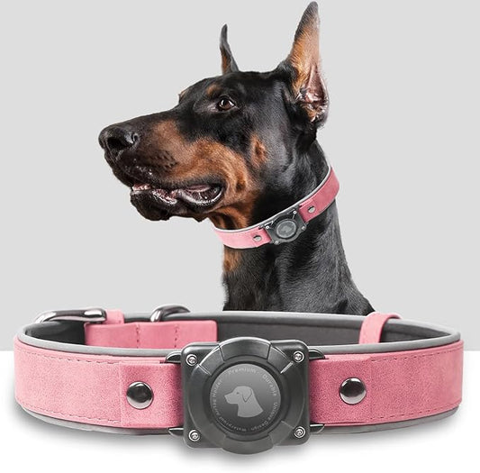 AirTag Dog Collar - Leather Dog Collar with Air Tag Holder | IPX8 Waterproof, Reflective, High - End, Adjustable Soft Padded | Dog GPS Tracker Collars Fit for Medium Large Dogs (Pink, M)