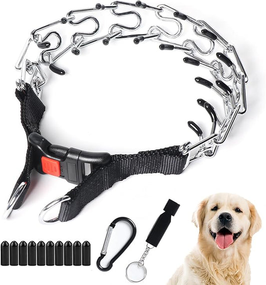Dog Prong Collar, Walking Training Collar for Small Medium Large Dogs with Quick Release Buckle, Adjustable Pinch Collar with Rubber Caps, No Pull Dog Collar Prong(M,16"-18")