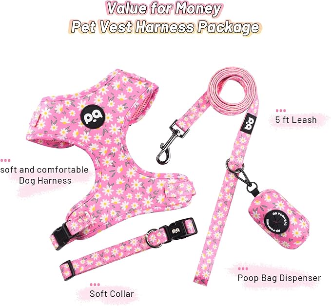 QQPETS Dog Harness Collar Leash with Poop Bag Holder 4 PCS Set, Adjustable No Pull Soft Mesh Padded Vest for Small Medium Large Pet Puppy Outdoor Walking (Daisy Pink, M (Chest 17”-24”))