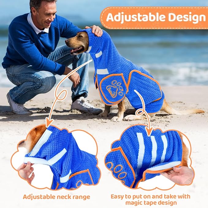 SlowTon Dog Bathrobe Towel - Super Absorbent Microfiber Pet Quick Drying Towel, Wearable Soft Bath Robes for After Bath Shower Swim Wet Walk, Adjustable for Small Middle Large Dogs (Blue, XL)