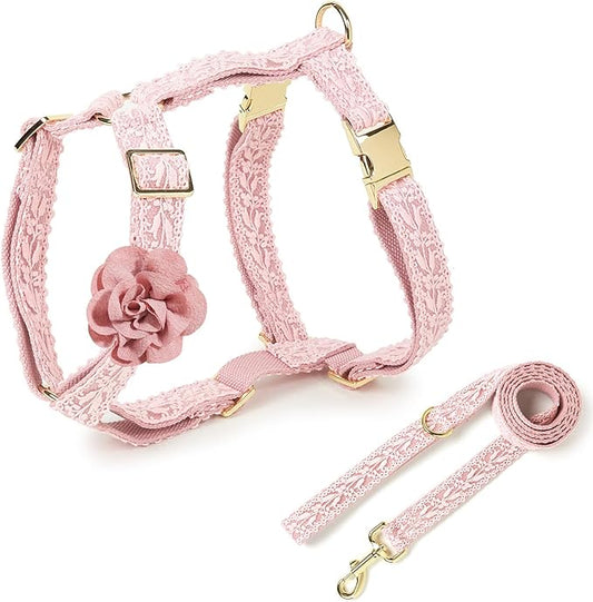 Large Dog Harness and Leash Set, Adjustable No Pull Pet Halter Harness with Flower & Metal Buckle, Easy Control for Training Walking, Pink,M