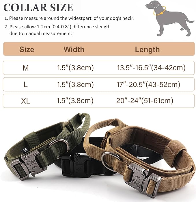 Tactical Dog Collar, Adjustable Military Training Nylon Dog Collar with Control Handle and Heavy Quick-Release Metal Buckle for Small Medium Large Dogs, Brown M