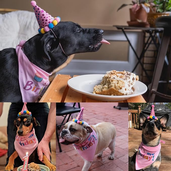 PUPTECK Dog Birthday Bandana Scarf with Cute Doggy Party Hat, Costume Decorations Supplies for Small Medium Large Dogs Boy Girl Outfit Gifts, Pink