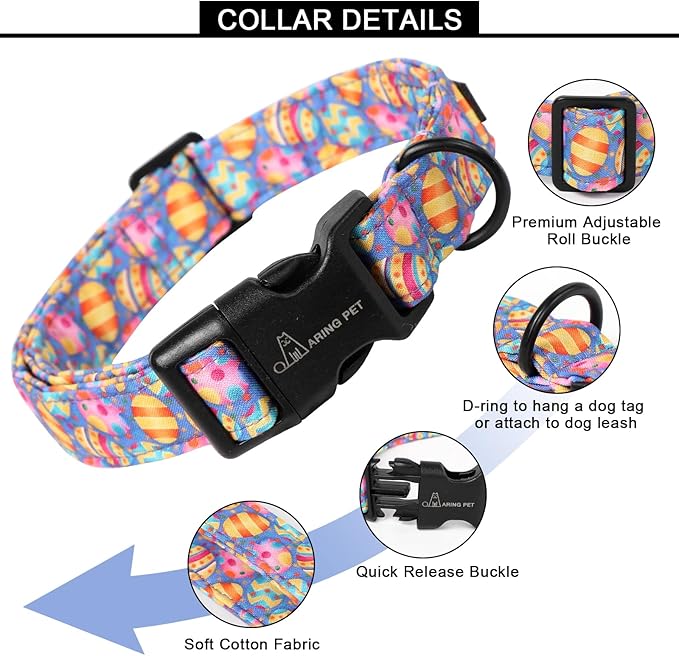 ARING PET Cute Dog Collar with Easter Eggs, Adjustable Cotton Purple Collar for Puppies with Quick Release Buckle