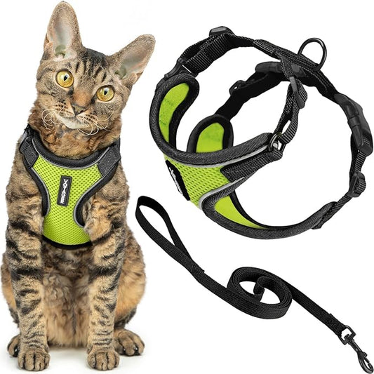 Voyager Escape Proof Cat Harness and Leash Set with Reflective Stitching, Neoprene Handle 5ft - Supports Small, Medium and Large Cats, Kittens for Walking by Best Pet Supplies - Black Trim-Lime, S