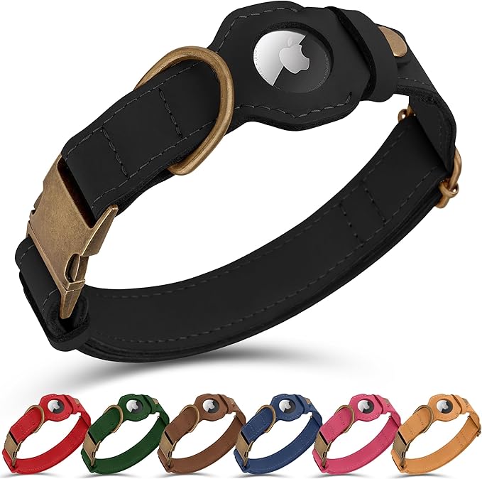 AirTag Dog Collar - Genuine Leather Dog Collar with Apple AirTag Holder and Metal Buckle - Smart GPS Tracking Pet Collars for Small Medium Large Dogs Puppy (Black, L, 17"-21" Neck Fit)