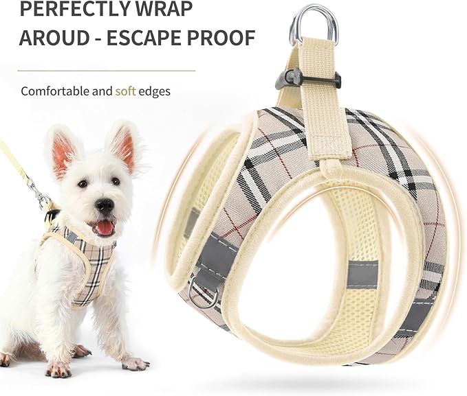voopet Small Dog Harness and Leash Lightweight Cat Comfort Padded Soft Mesh Vest Step in Dog Harness No Pull No Choke Reflective Small Plaid Girl & Boy Puppy Kitty Walking Harness, Beige L