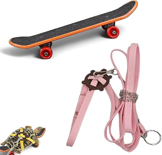 Adjustable Tortoise Leash Funny Skateboard Set, Training Harness Mini Skateboard for Turtle Dragon Bearded Lizard Small Pets, Pet Tortoise Toys, Accessories Tortoises (Pink Small)