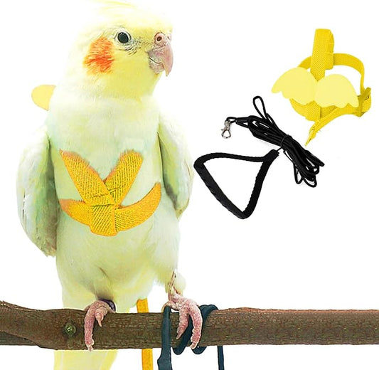 Dnoifne Pet Parrot Bird Harness and Leash, Adjustable Training Design Anti-Bite, Bird Nylon Rope with Cute Wing for Parrots, Suitable for Scarlet, Keck, Mini Macaw and Same Size Birds (Yellow)