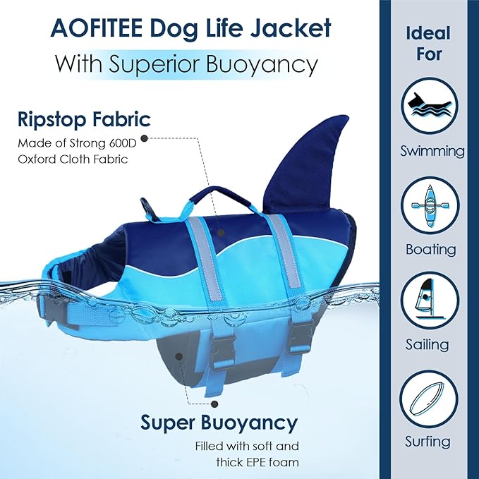 AOFITEE Dog Life Jacket, Shark Dog Life Vest for Swimming Boating, High Flotation Pet Lifesaver with Rescue Handle, Reflective French Bulldog Lifejacket, Life Jackets for Small Medium Large Dogs, M