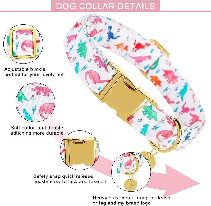 Dinosaur Summer Cotton Dog Collar with Metal Buckle Gift Collar for Small Medium Large Girls or Boys Dogs Cute Durable Comfortable Pet Collars