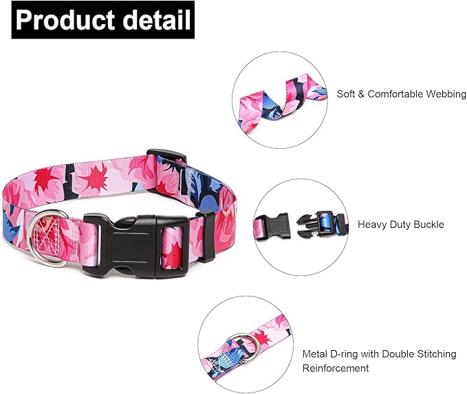 Adjustable Dog Collar with Patterns, Ultra Comfy Soft Nylon Breathable Pet Collar for Small Medium Large Dogs (M, Pink Flower)