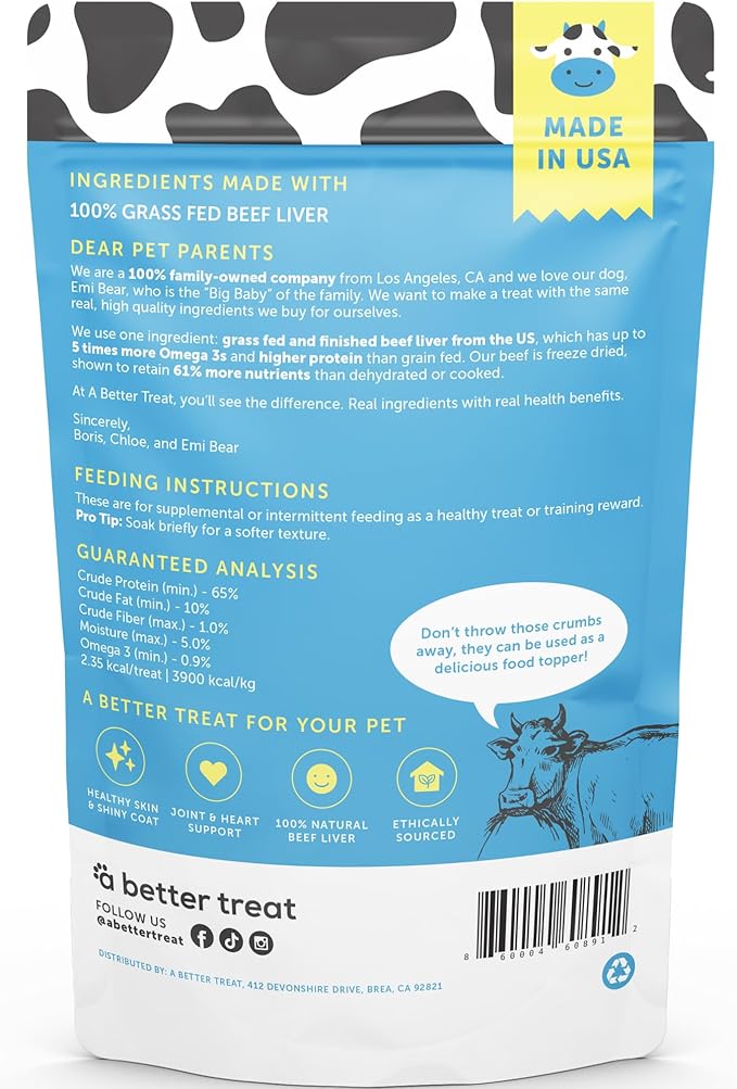 A Better Treat – Freeze Dried 100% Grass Fed & Finished Beef Dog Treats, Beef Liver, Single Ingredient | Natural, Healthy, High Value | Grain Free, High Protein, Diabetic Friendly | Made in The USA