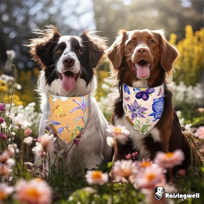 Summer Dog Bandanas 2 Pack, 4 Pattern Reversible Spring Flower Dog Bandana, Adjustable, Washable, Triangle Scarf for Medium to Extra Large Breed Dogs, boy and Girl (X-Large)