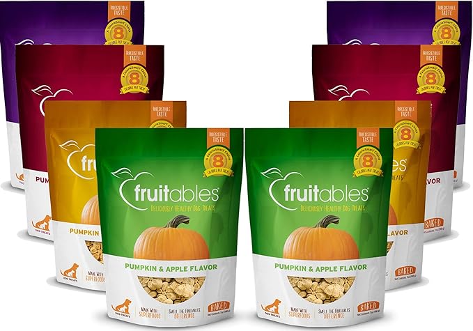 Fruitables Baked Dog Treats Variety Pack of 8 (Pumpkin & Apple, Banana, Blueberry, Cranberry - 7 oz (8 Pack)