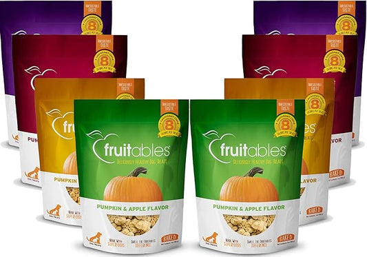 Fruitables Baked Dog Treats Variety Pack of 8 (Pumpkin & Apple, Banana, Blueberry, Cranberry - 7 oz (8 Pack)