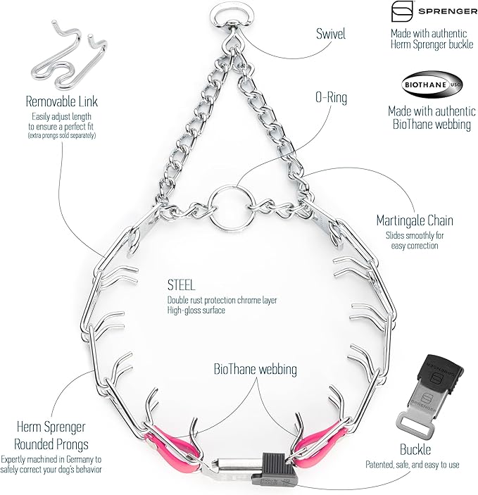 Herm Sprenger Chrome Plated Steel Dog Collar with Quick Release ClicLock Buckle and Biothane Insert Training Collar for Dogs Made in Germany (Passionfruit Pink, 22in x 3.0mm(Neck Size up to 18-19in))