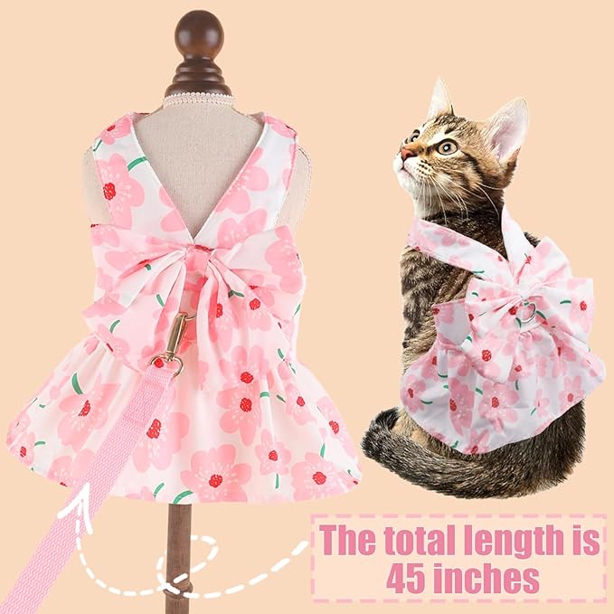 Dog Dress Bowknot Harness Leash Set for Small Girl Dogs Pink Floral Dog Cat Clothes Cute Puppy Outfits Pet Clothes Spring Summer Breathable Dresses(Large)