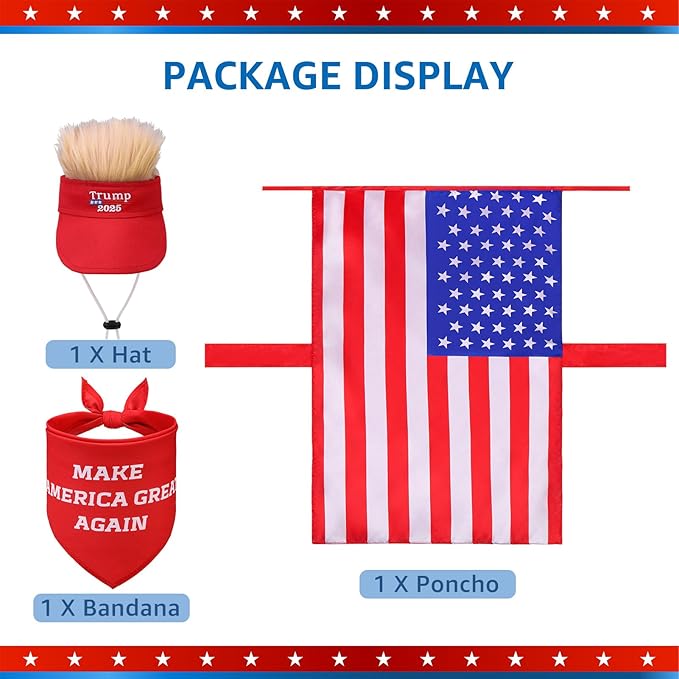 SCENEREAL 4th July Dog Costume Independence Day Pet Outfit Set Holiday Clothing Accessories Includes Dog Wig Hat, American Flag Cape and Patriotic Bandana for Medium Dogs