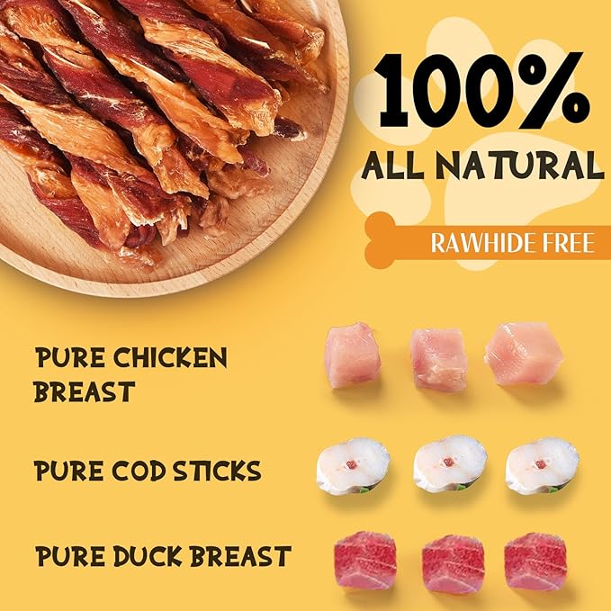 ASMPET Dog Jerky Treats, Triple Flavor Chicken Duck Cod Jerky Twist Sticks Rawhide Free Grain Free for Small Medium Large Dogs 10.6oz