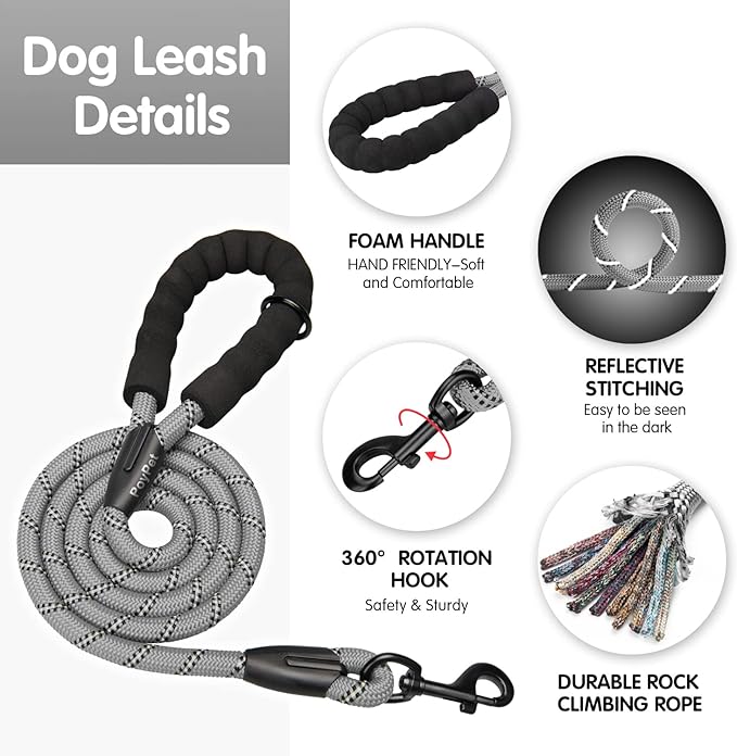 PoyPet No Pull Dog Harness and 5 Feet Leash Set, Release on Neck Reflective Adjustable Pet Vest, Front & Back 2 D-Ring and Soft Padded Pet Harness with Handle for Small to Large Dogs(Grey,M)